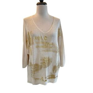 Marisima Italian Womens Gold Metallic Knit V-Neck Lightweight Sweater Beige One